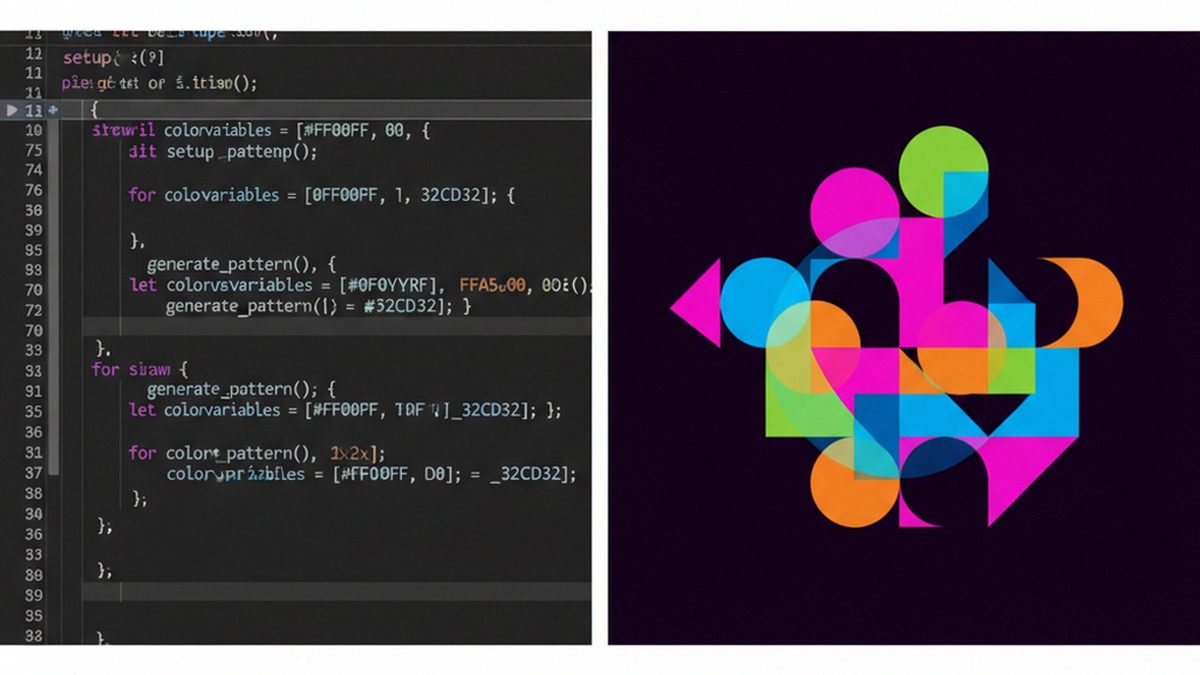 p5.js code example showing setup() and draw() functions with basic shapes and colour